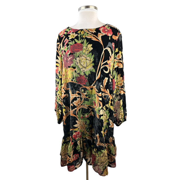 ABS Collection Crushed Velvet Floral Dress Long Sleeve Ruffle Black Plus Size 22 - Picture 5 of 15